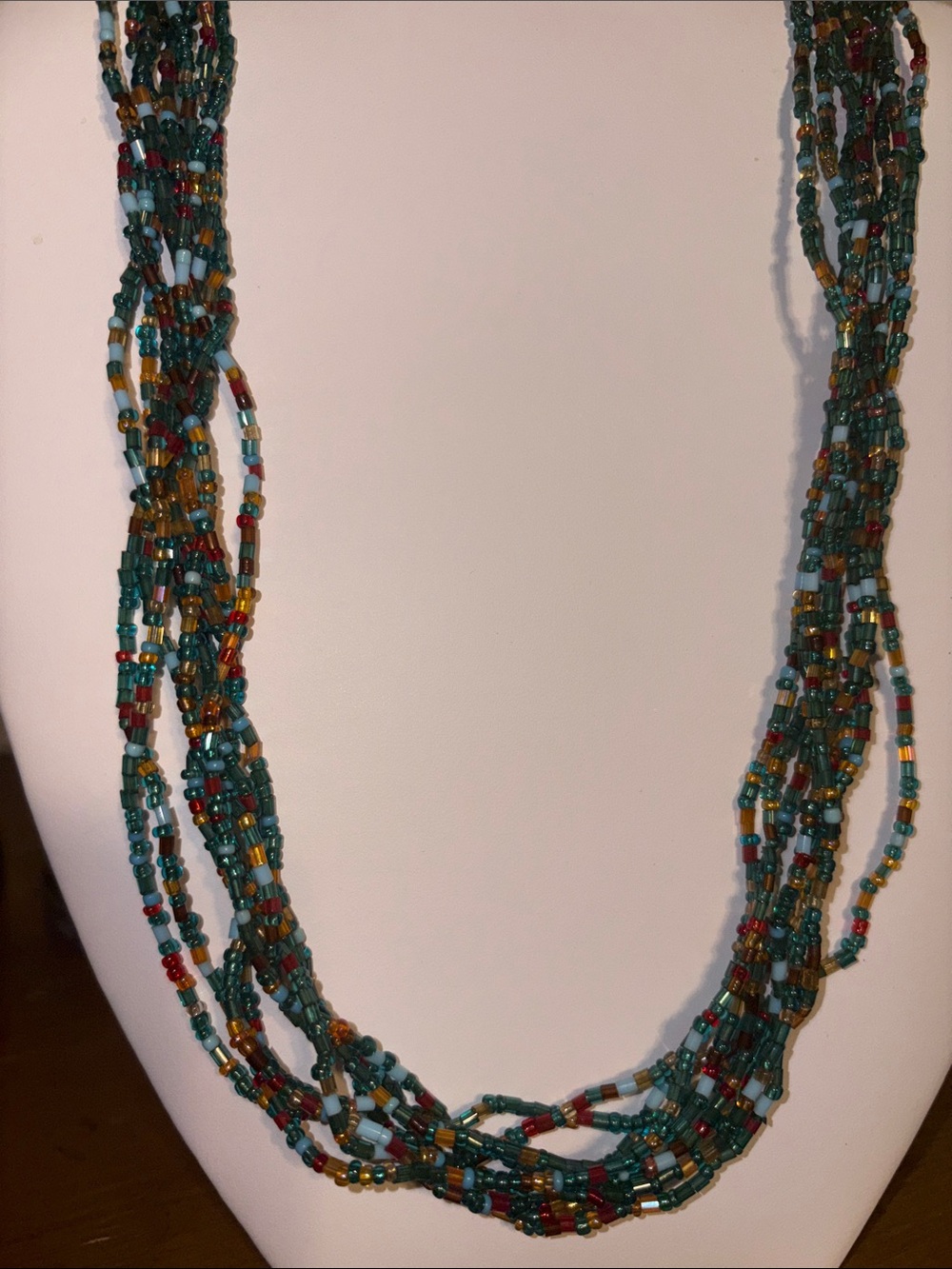 Multistrand Teal Seed Bead Necklace with Amber & Red Accents